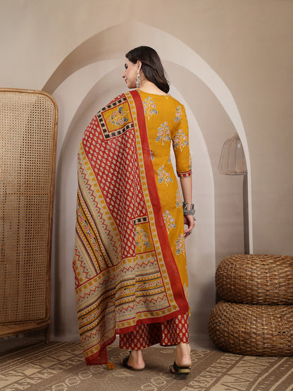 Cotton Calf Length Printed 3/4 Sleeves V Neck Straight Kurta Suit Set