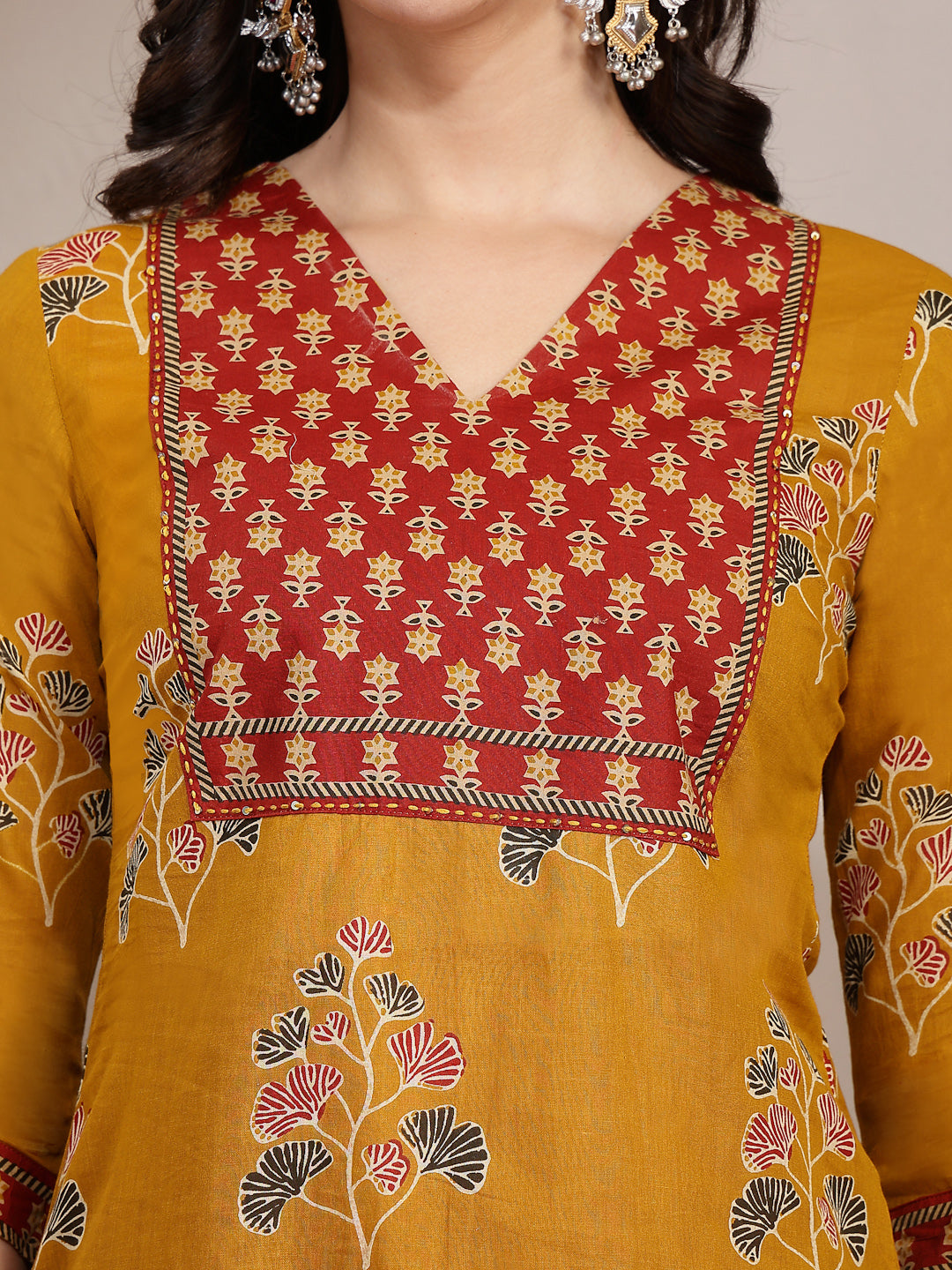 Cotton Calf Length Printed 3/4 Sleeves V Neck Straight Kurta Suit Set