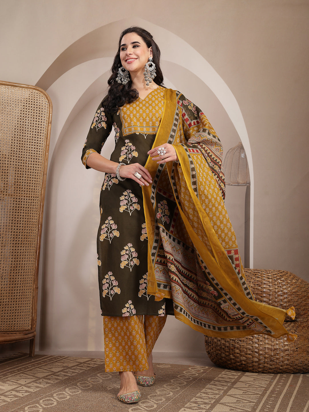 Cotton Calf Length Printed 3/4 Sleeves V Neck Straight Kurta Suit Set