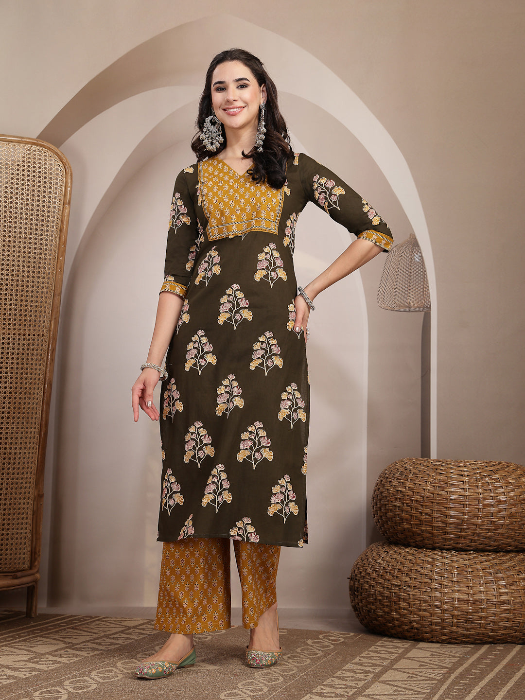 Cotton Calf Length Printed 3/4 Sleeves V Neck Straight Kurta Suit Set