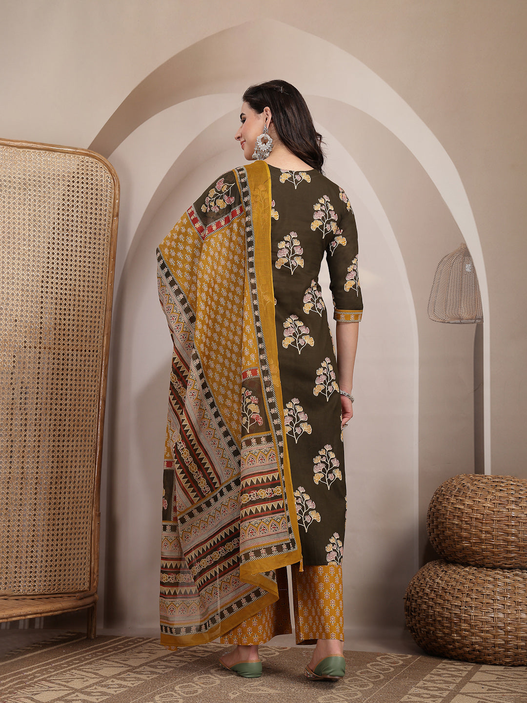 Cotton Calf Length Printed 3/4 Sleeves V Neck Straight Kurta Suit Set