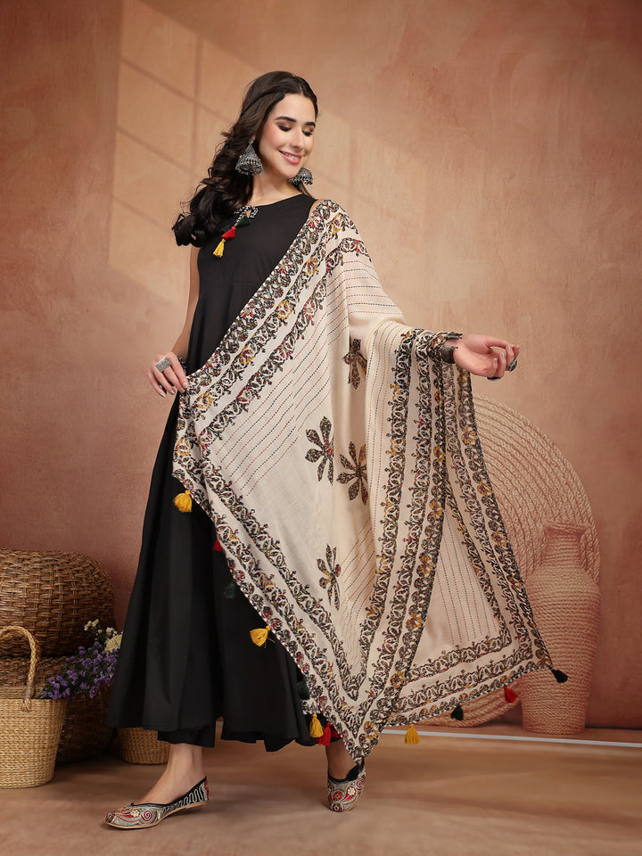 Cotton Calf Length Solid Sleeveless Round Neck Flared Kurta Suit Set