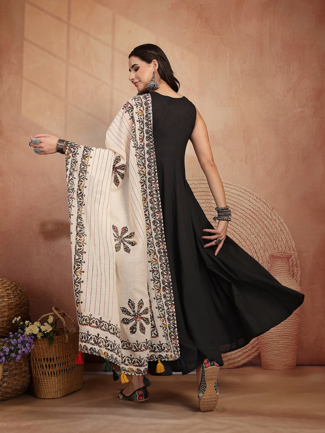 Cotton Calf Length Solid Sleeveless Round Neck Flared Kurta Suit Set