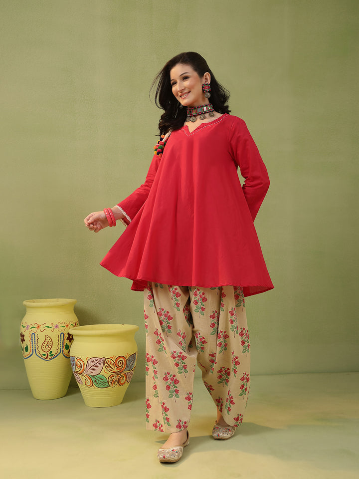 Flared Solid Cotton Kurta Farshi Bottom Set