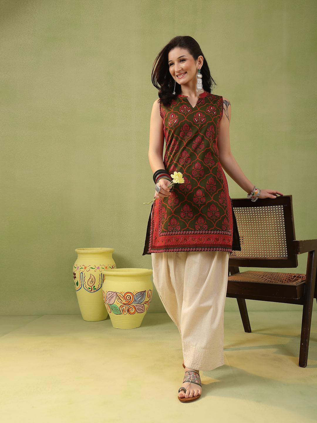 Straight Printed Cotton Kurta Farshi Bottom Set