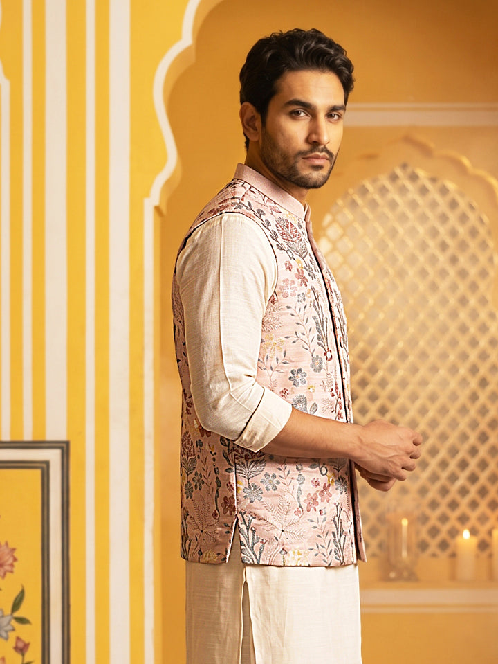 Floral Embroidered Silk Blend Nehru Jacket