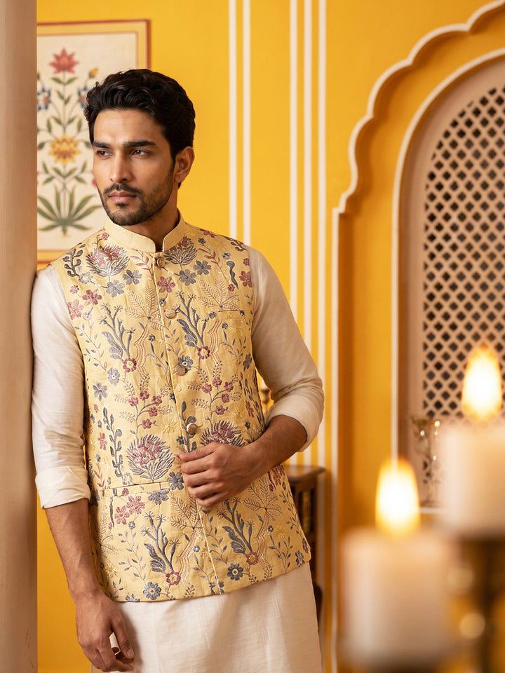 Floral Embroidered Silk Blend Nehru Jacket