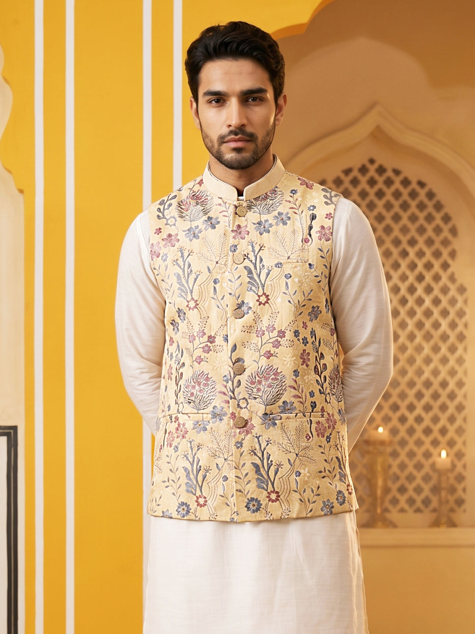 Floral Embroidered Silk Blend Nehru Jacket