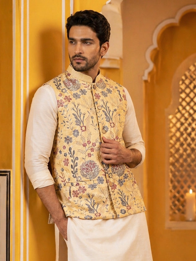 Floral Embroidered Silk Blend Nehru Jacket