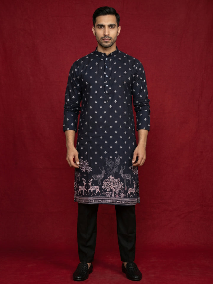 Men Cotton Blend Animal Printed Kurta With Pyjama
