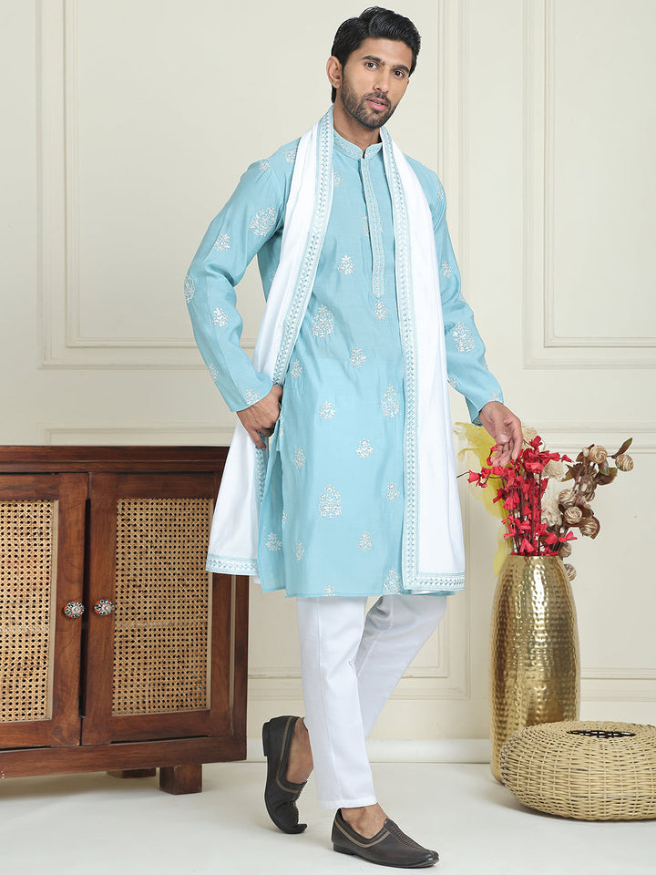 Embroidered &amp; Sequin Kurta Pyjama With Dupatta