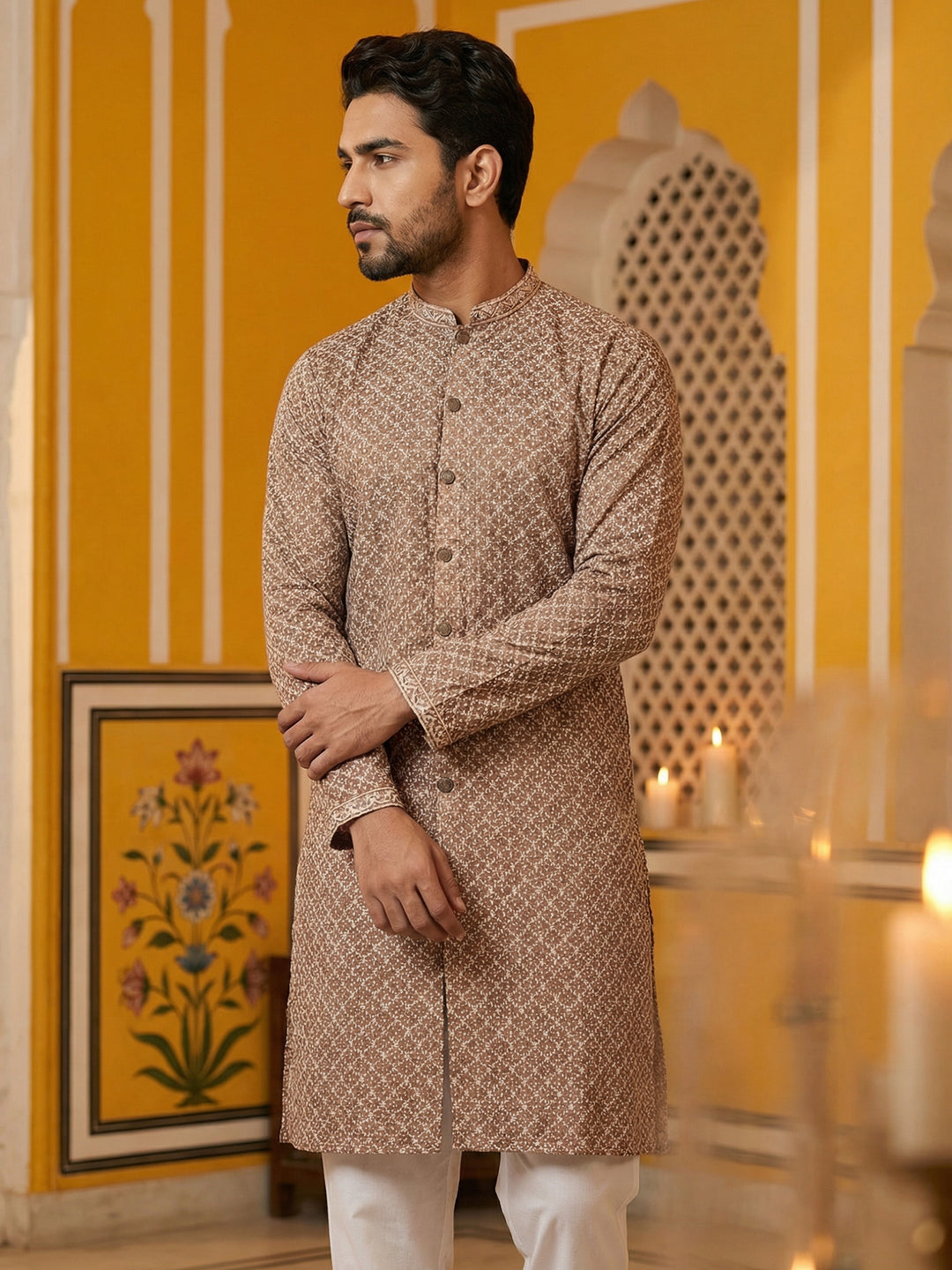 Sequin Chikankari Front Open Kurta With Pyjamas