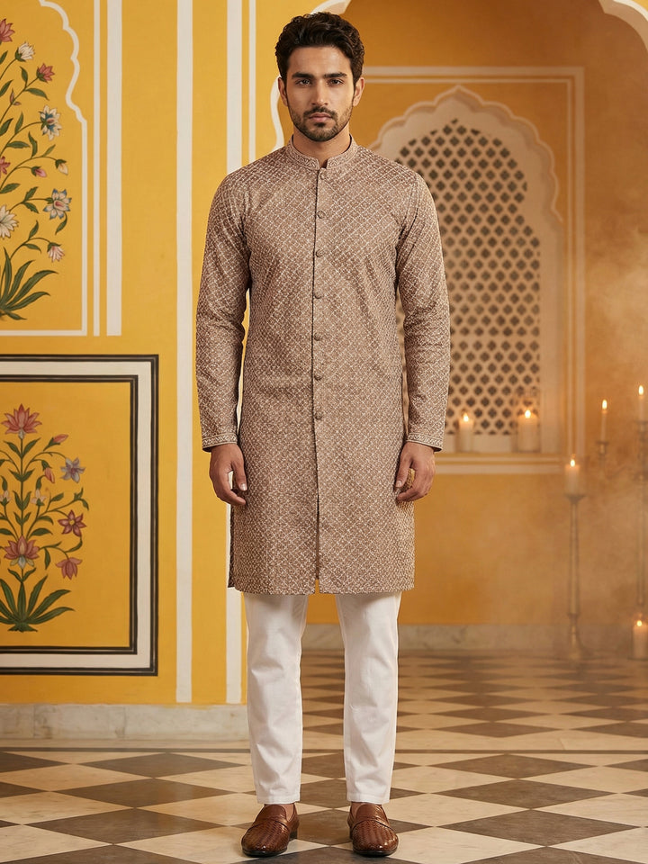 Sequin Chikankari Front Open Kurta With Pyjamas