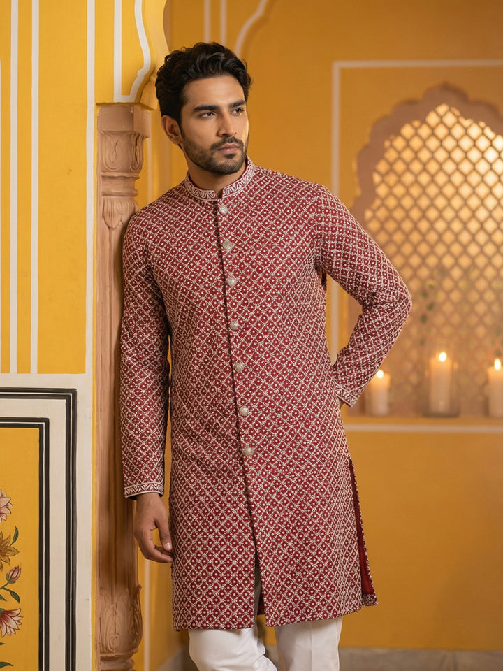 Sequin Chikankari Front Open Kurta With Pyjamas