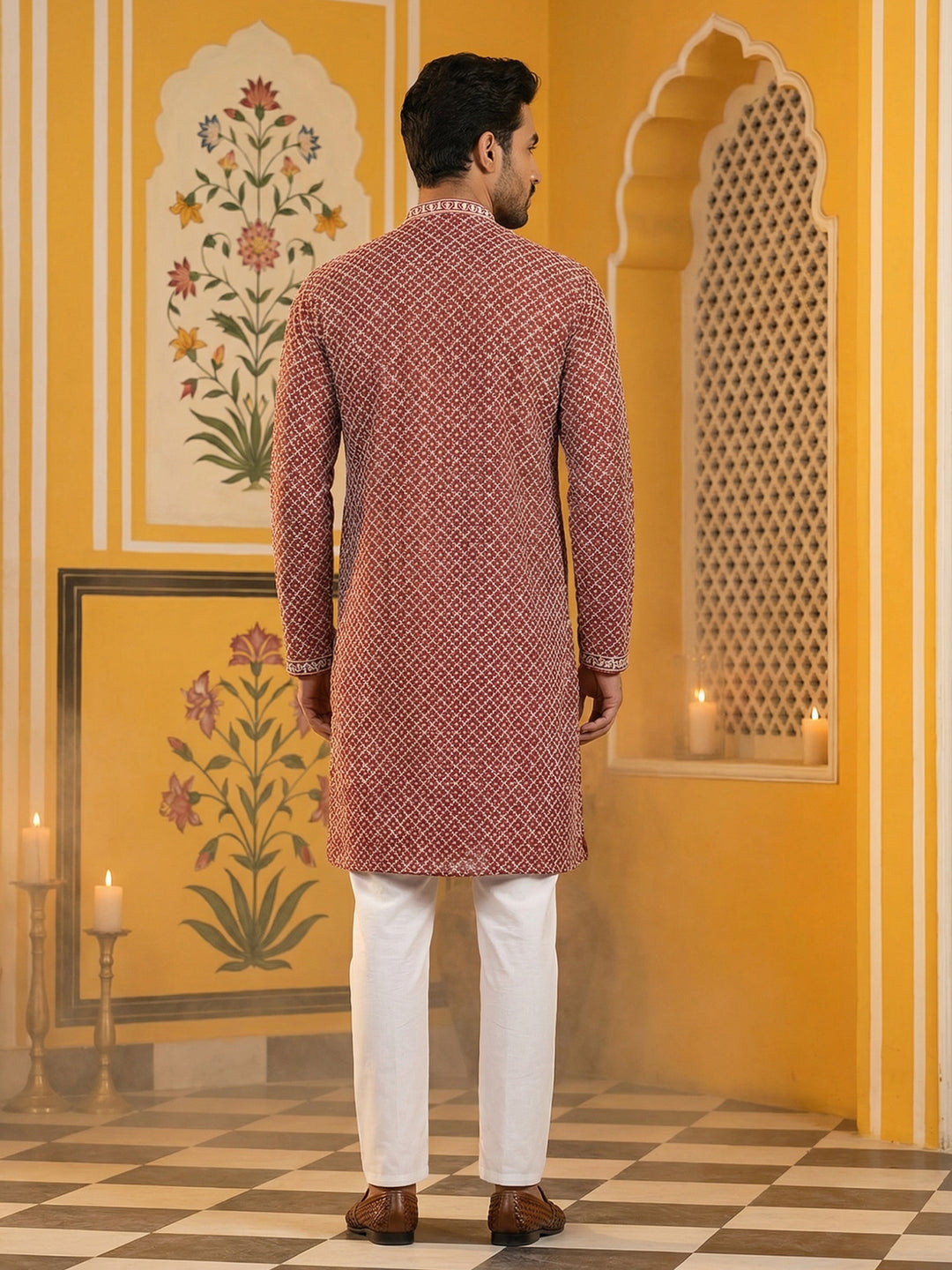 Sequin Chikankari Front Open Kurta With Pyjamas