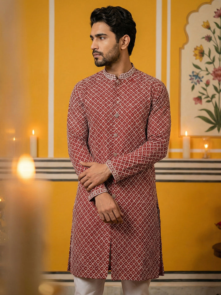 Sequin Chikankari Front Open Kurta With Pyjamas
