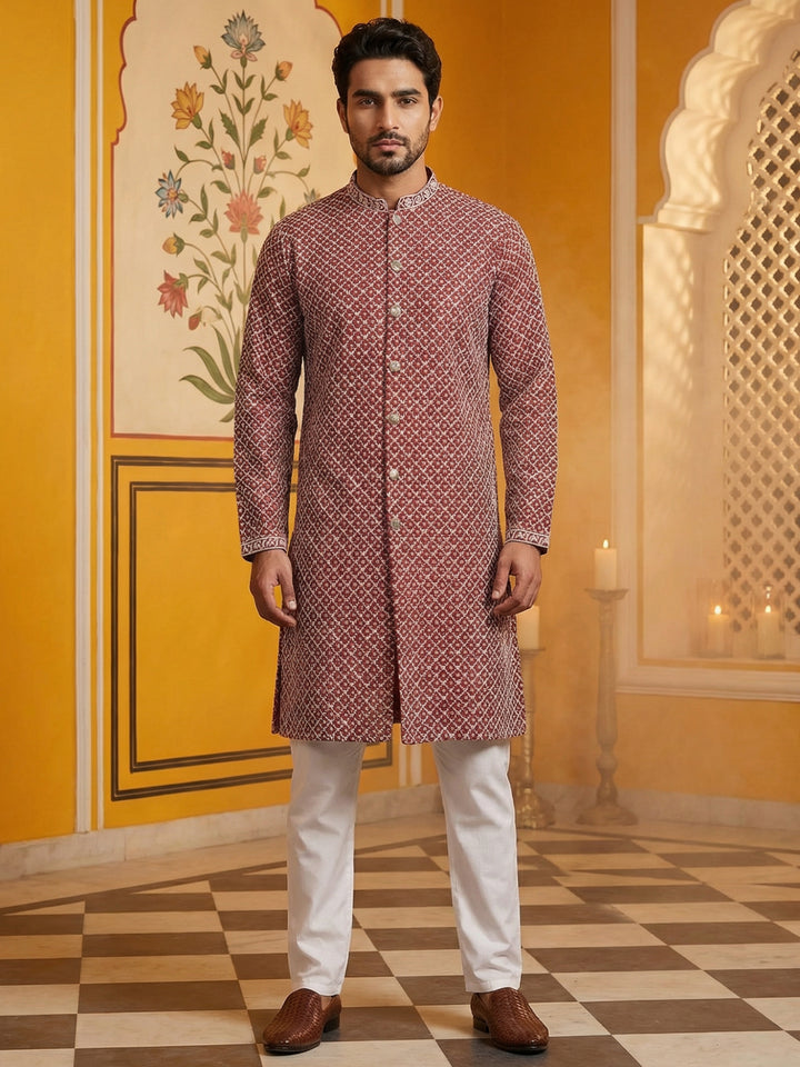 Sequin Chikankari Front Open Kurta With Pyjamas