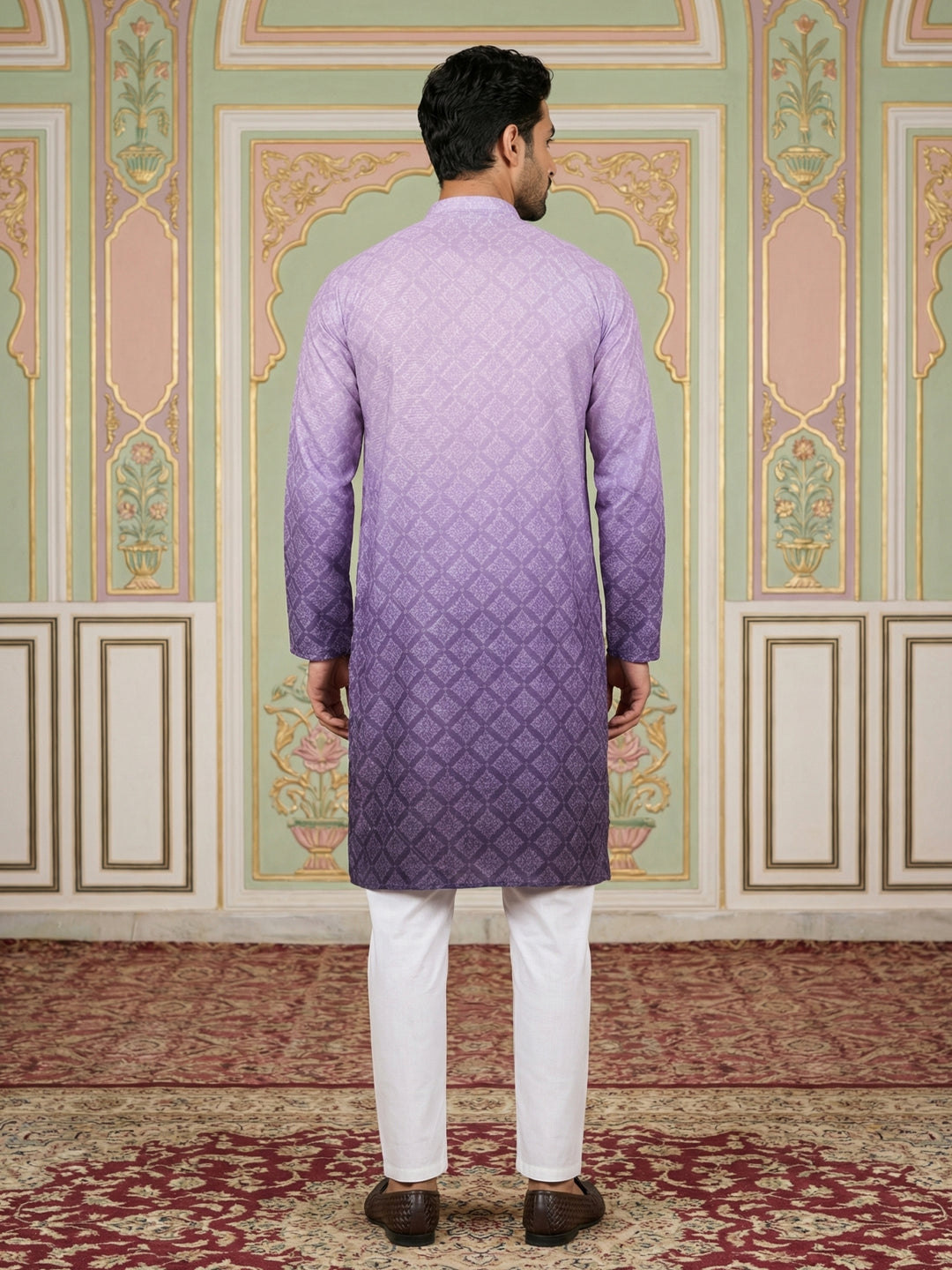 Purple Ombre Printed Kurta Pyjama Set For Men