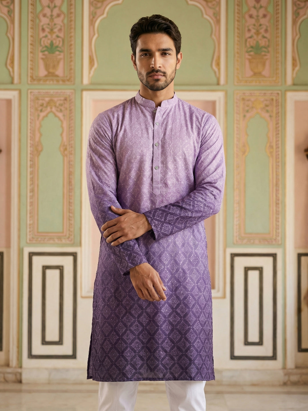 Purple Ombre Printed Kurta Pyjama Set For Men