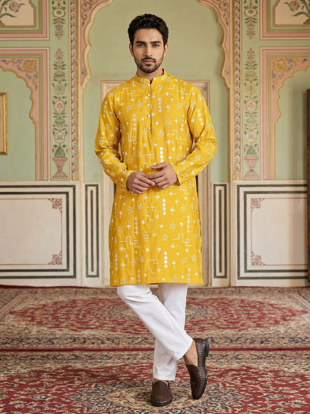 Embroidered Silk Blend Straight Kurta Pyjama.