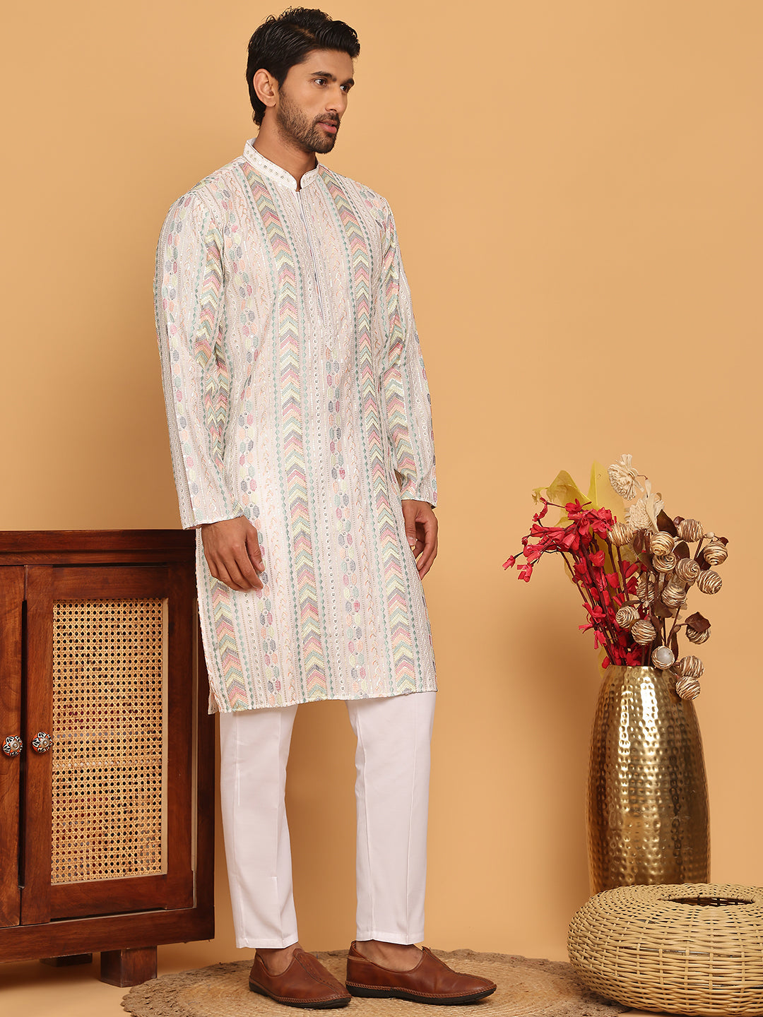 Embroidered And Sequins Kurta Pyjama Set For Men