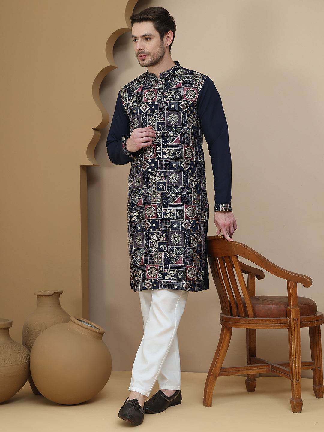 Embroidered Straight Kurta Set For Men