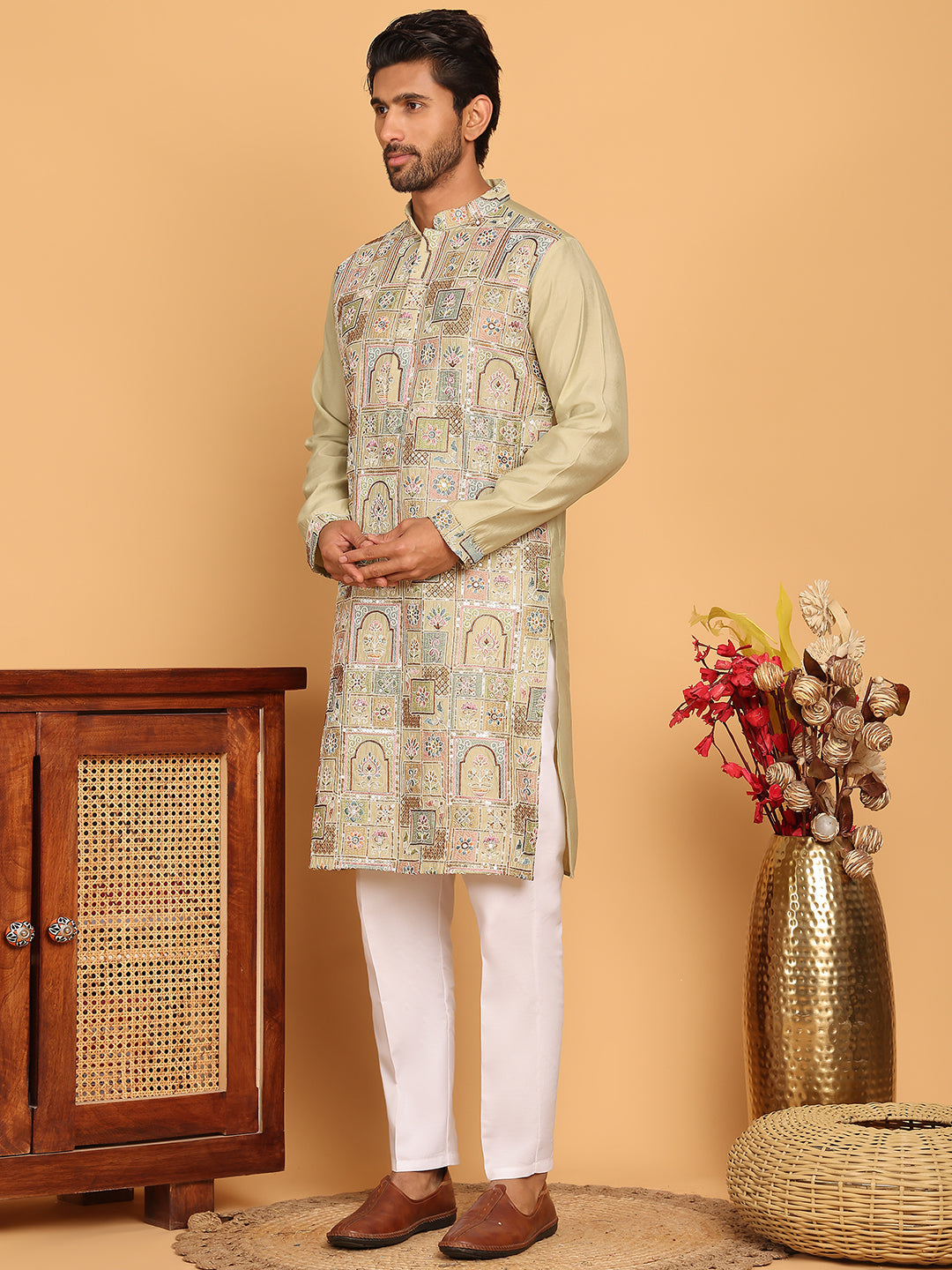 Embroidered Straight Kurta Set For Men