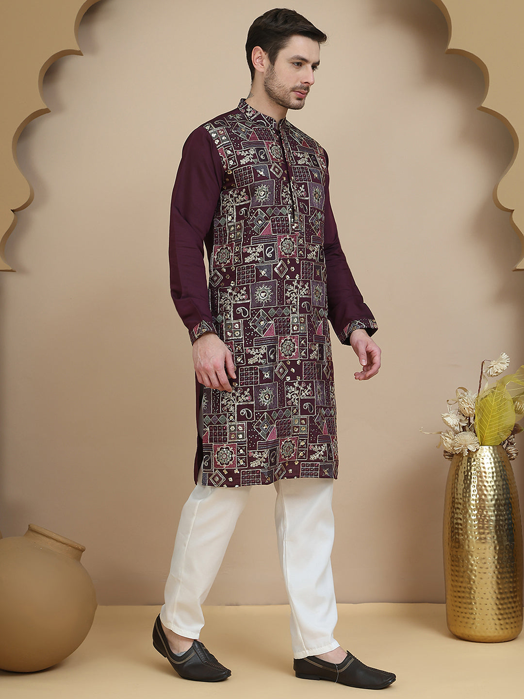 Embroidered Straight Kurta Set For Men