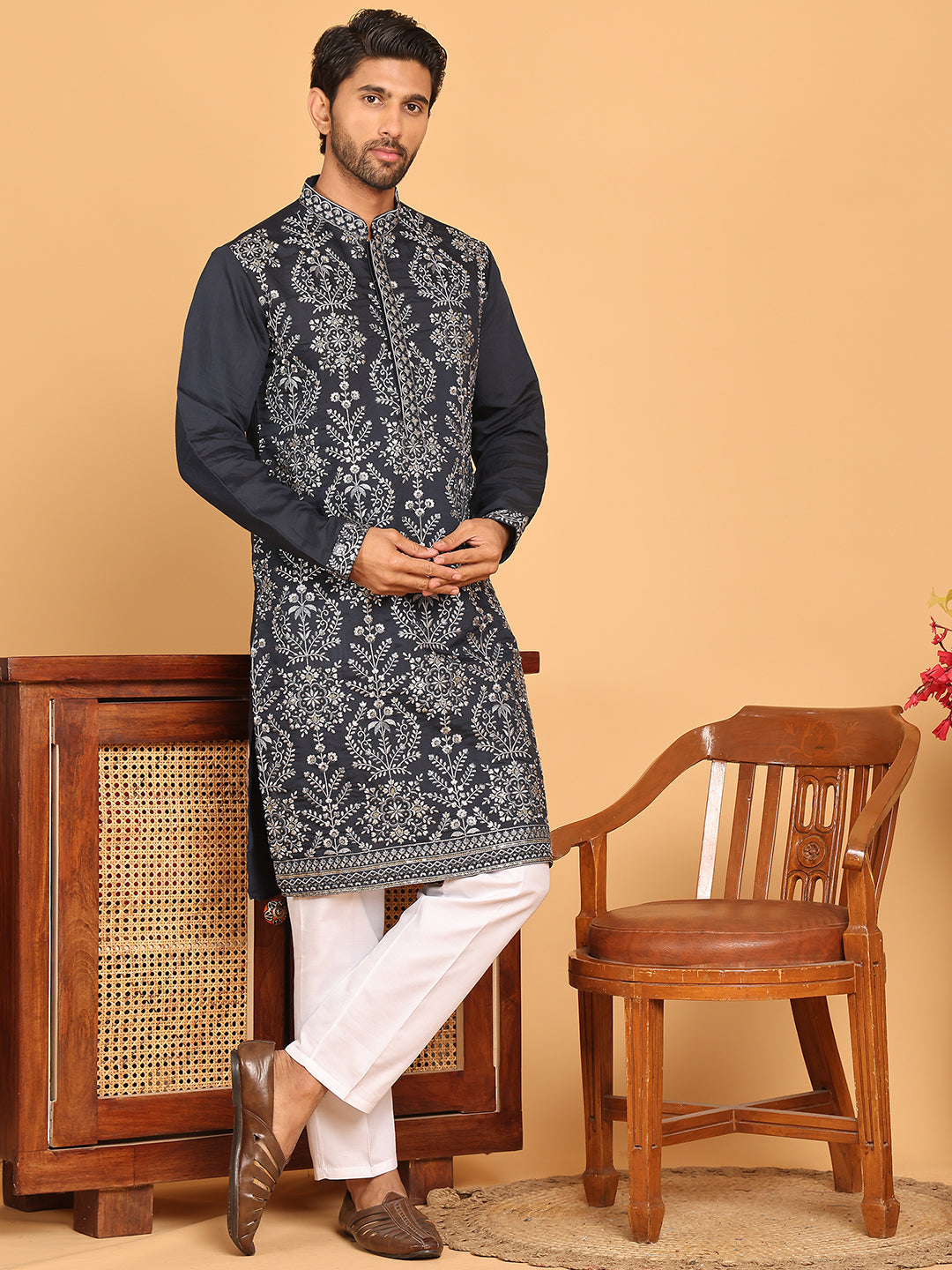 Embroidered Straight Kurta Pyjama Set For Men