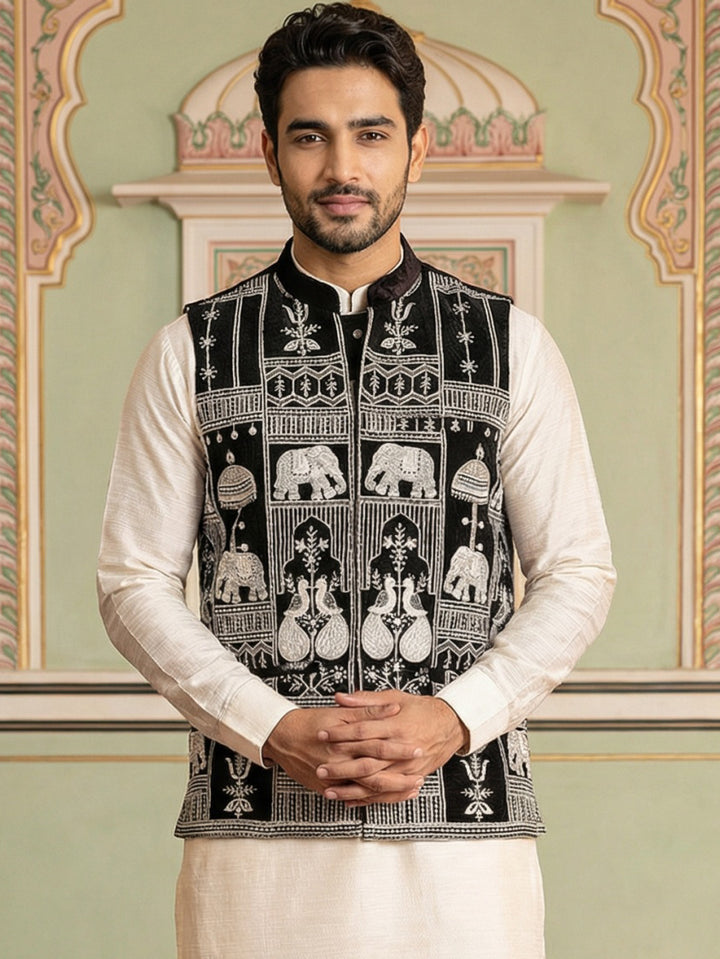 Black Embroidered Velvet Nehru Jacket For Men