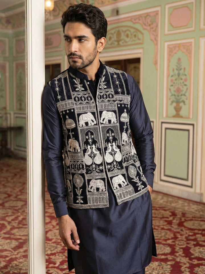 Navy Blue Embroidered Velvet Nehru Jacket For Men