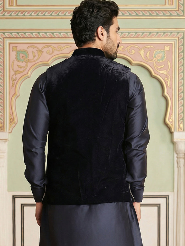 Navy Blue Embroidered Velvet Nehru Jacket For Men