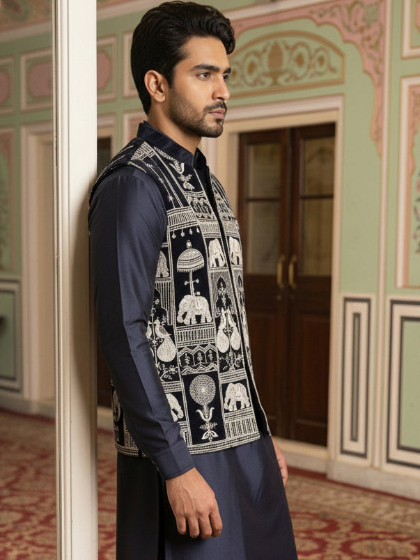 Navy Blue Embroidered Velvet Nehru Jacket For Men