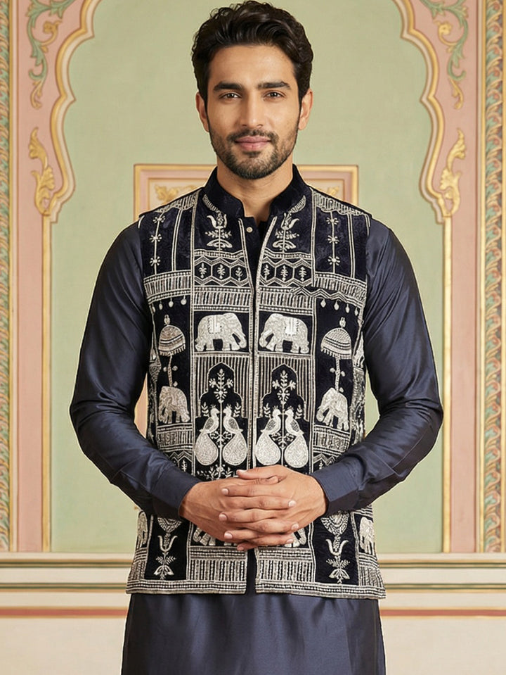 Navy Blue Embroidered Velvet Nehru Jacket For Men