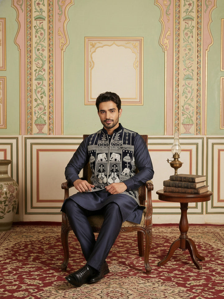 Navy Blue Embroidered Velvet Nehru Jacket For Men