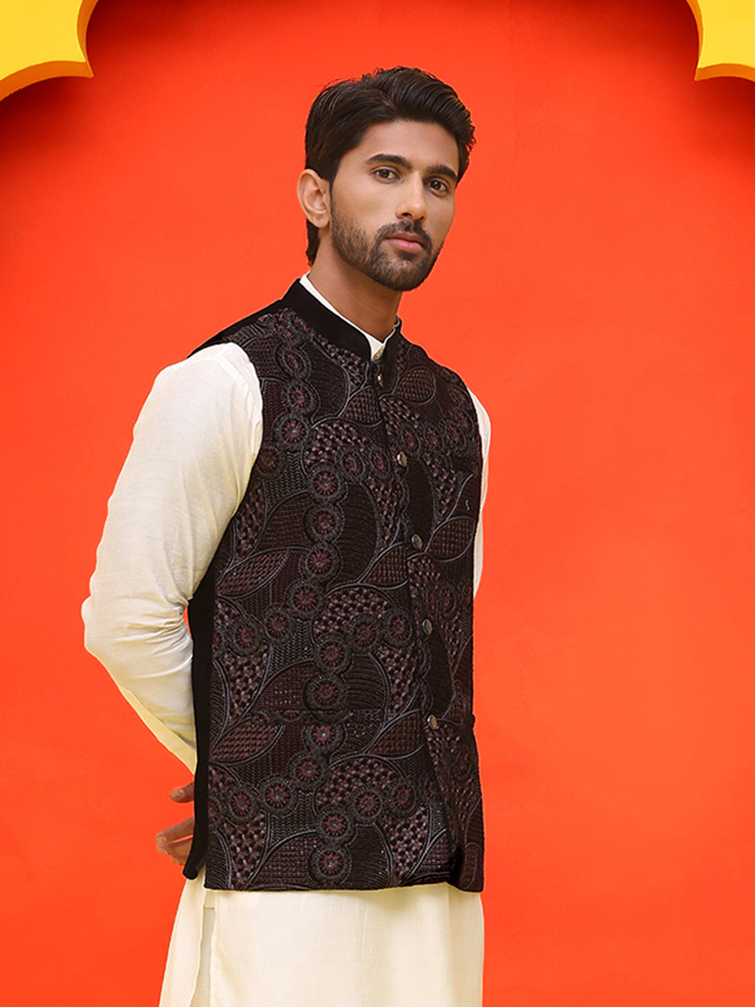 Black Embroidered Velvet Nehru Jacket For Men