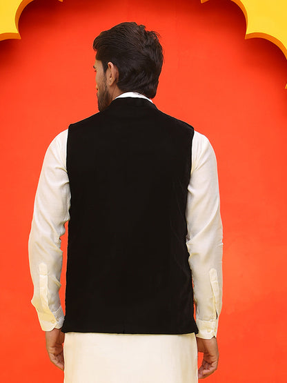 Black Embroidered Velvet Nehru Jacket For Men