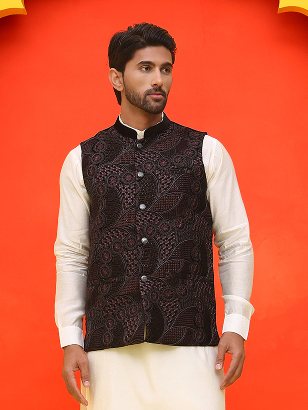 Black Embroidered Velvet Nehru Jacket For Men