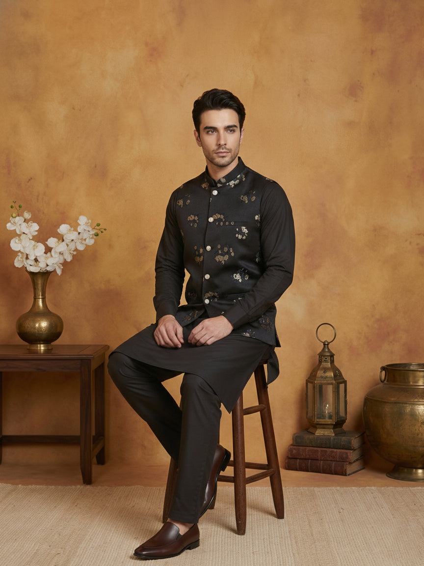 Embossed Design Nehru Jacket For Men