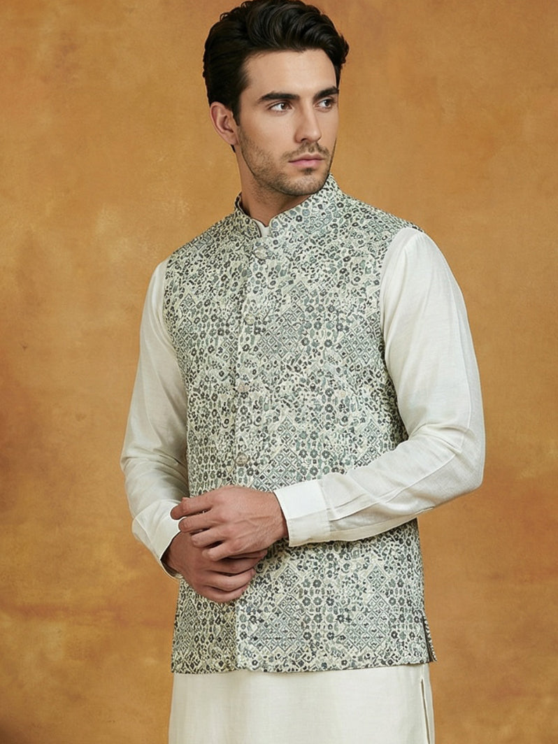 Woven Design Nehru Jacket For Men