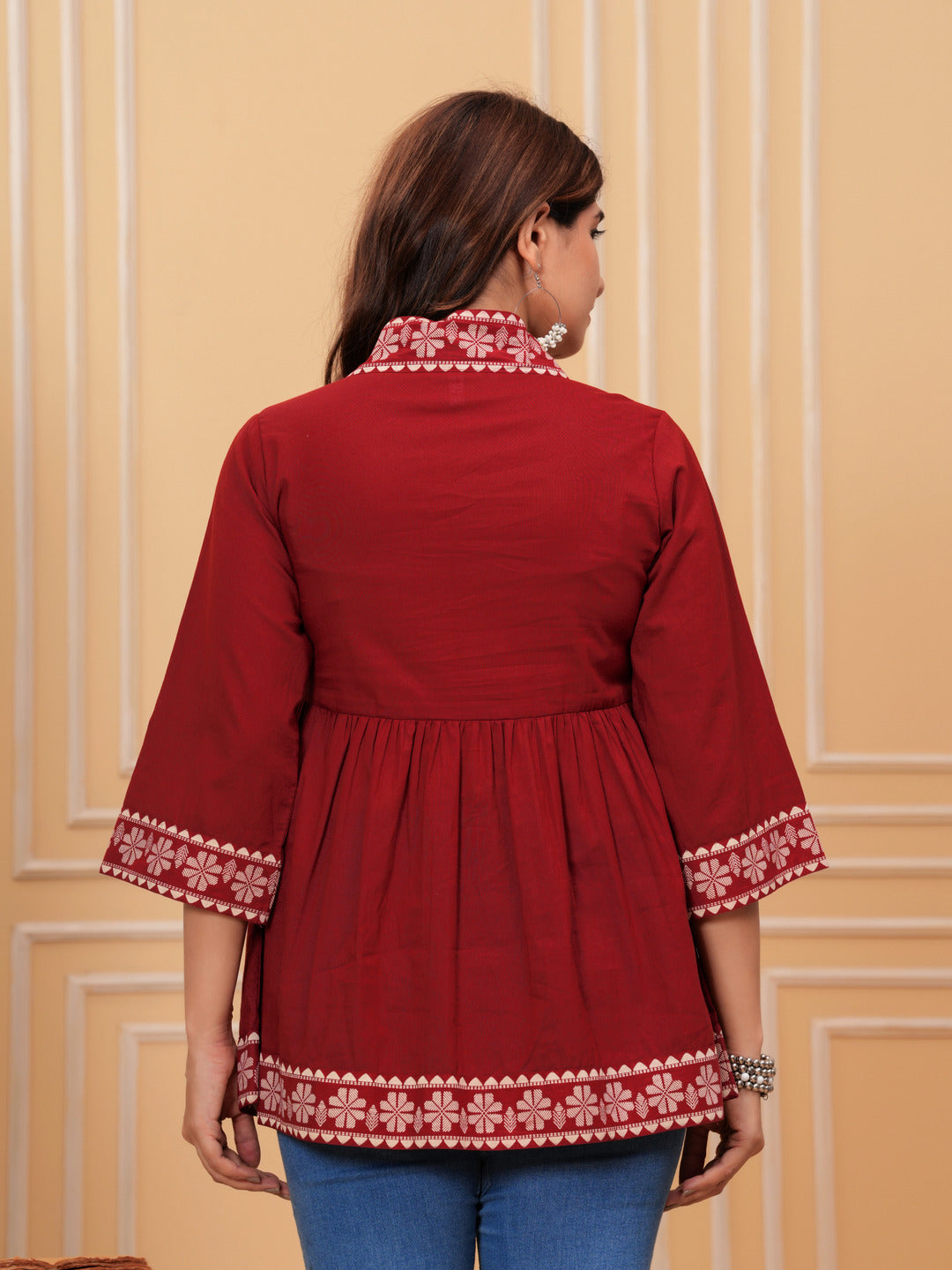 Maroon Solid Tops & Tunic - Cotton Fabric, 3/4 sleeves, V-Neck and hips Length.