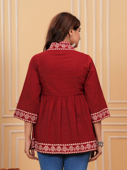 Maroon Solid Tops & Tunic - Cotton Fabric, 3/4 sleeves, V-Neck and hips Length.