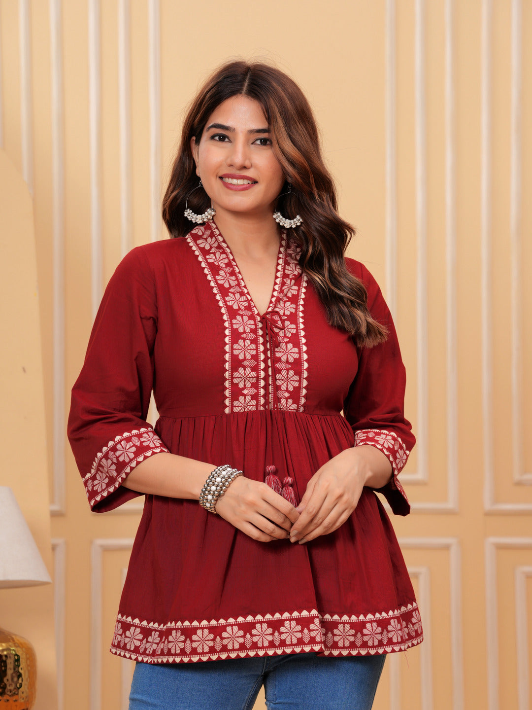 Maroon Solid Tops & Tunic - Cotton Fabric, 3/4 sleeves, V-Neck and hips Length.