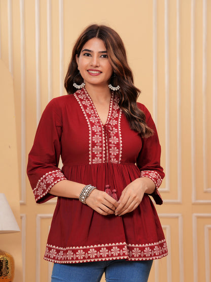 Maroon Solid Tops & Tunic - Cotton Fabric, 3/4 sleeves, V-Neck and hips Length.