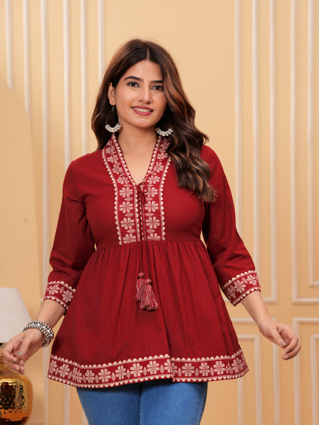 Maroon Solid Tops & Tunic - Cotton Fabric, 3/4 sleeves, V-Neck and hips Length.