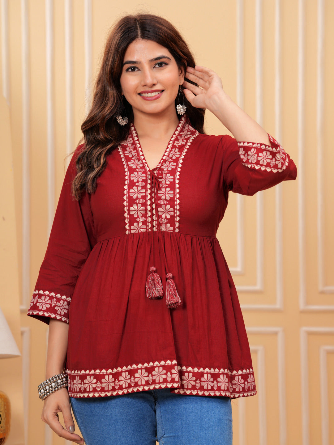 Maroon Solid Tops & Tunic - Cotton Fabric, 3/4 sleeves, V-Neck and hips Length.