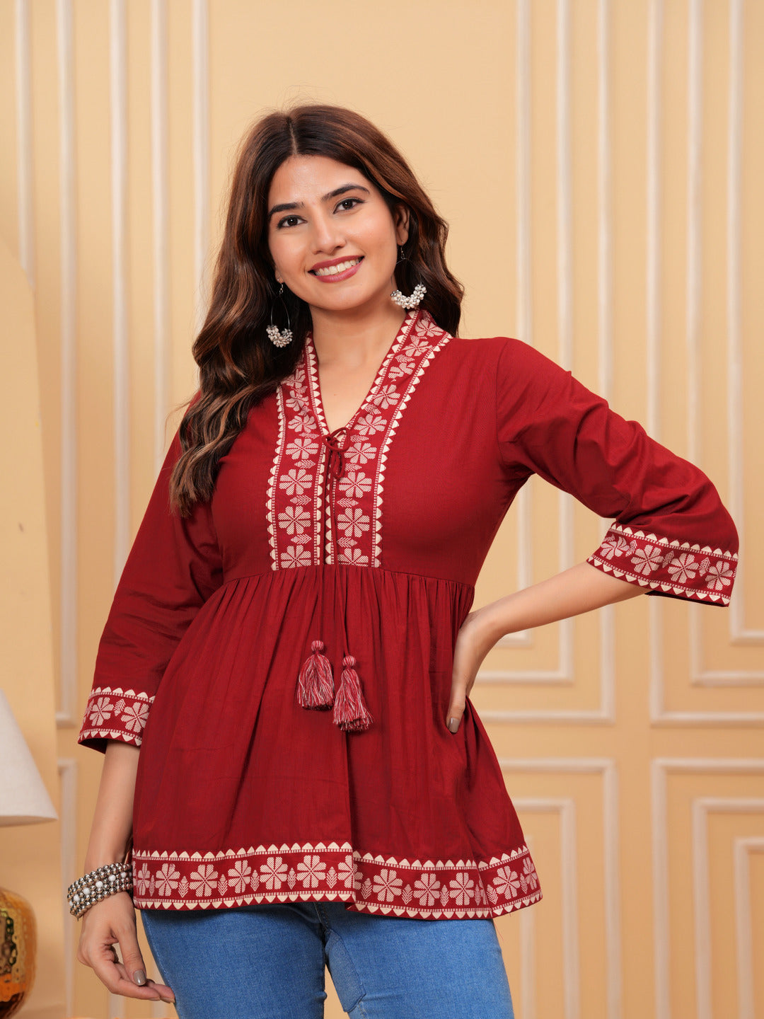 Maroon Solid Tops & Tunic - Cotton Fabric, 3/4 sleeves, V-Neck and hips Length.