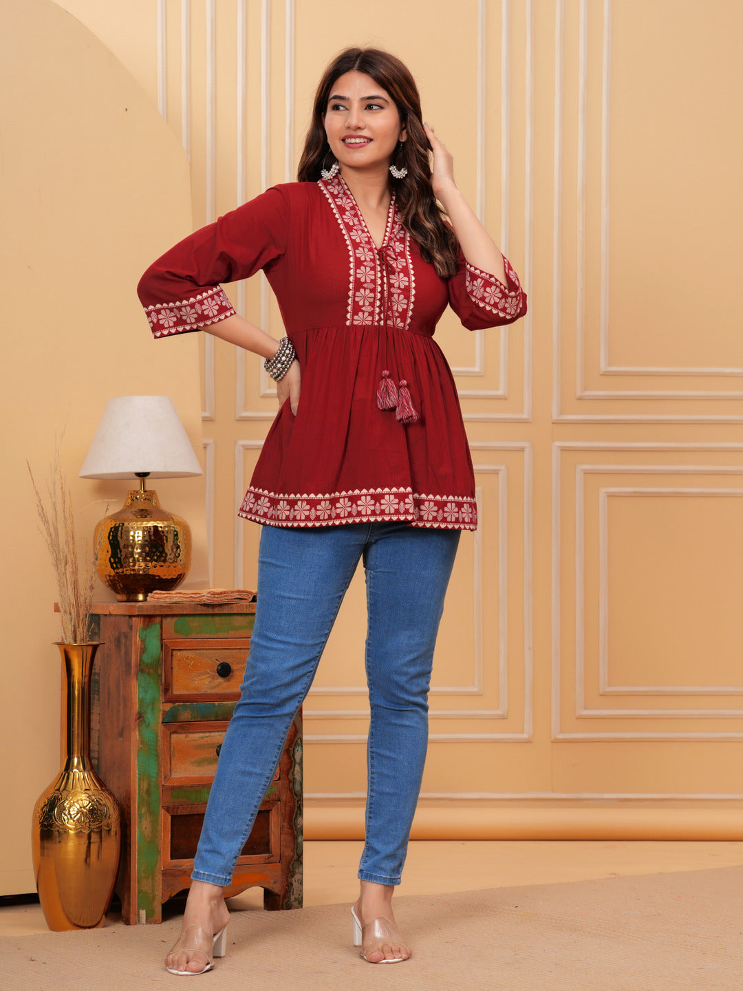 Maroon Solid Tops & Tunic - Cotton Fabric, 3/4 sleeves, V-Neck and hips Length.