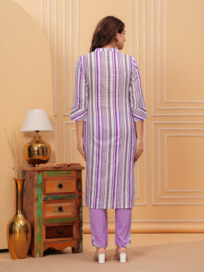 Purple Stripes Kurta Set - Cotton Fabric, 3/4 sleeves, Mandarin Collar and Calf Length.