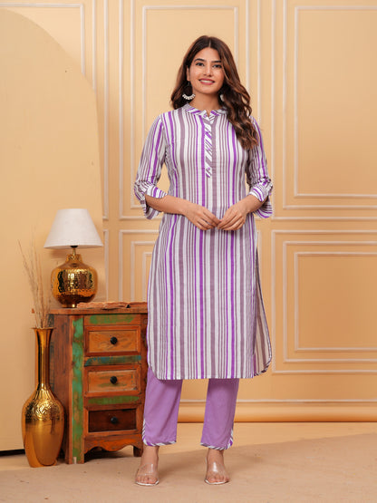Purple Stripes Kurta Set - Cotton Fabric, 3/4 sleeves, Mandarin Collar and Calf Length.